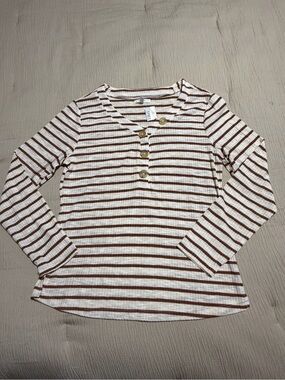Maurices White and Brown Striped Long Sleeve Henley Top